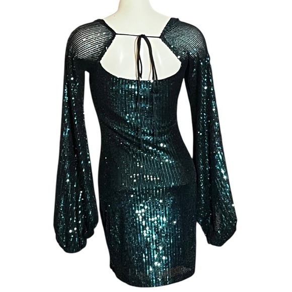 Lucy In The Sky Sequin Long Sleeve Mini Dress Square Neck Party Club  Green - Picture 4 of 7